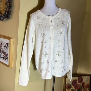 Vintage HOLIDAY EDITIONS Size Large Beaded Snowflake Cardigan Yarn Holiday  NEW